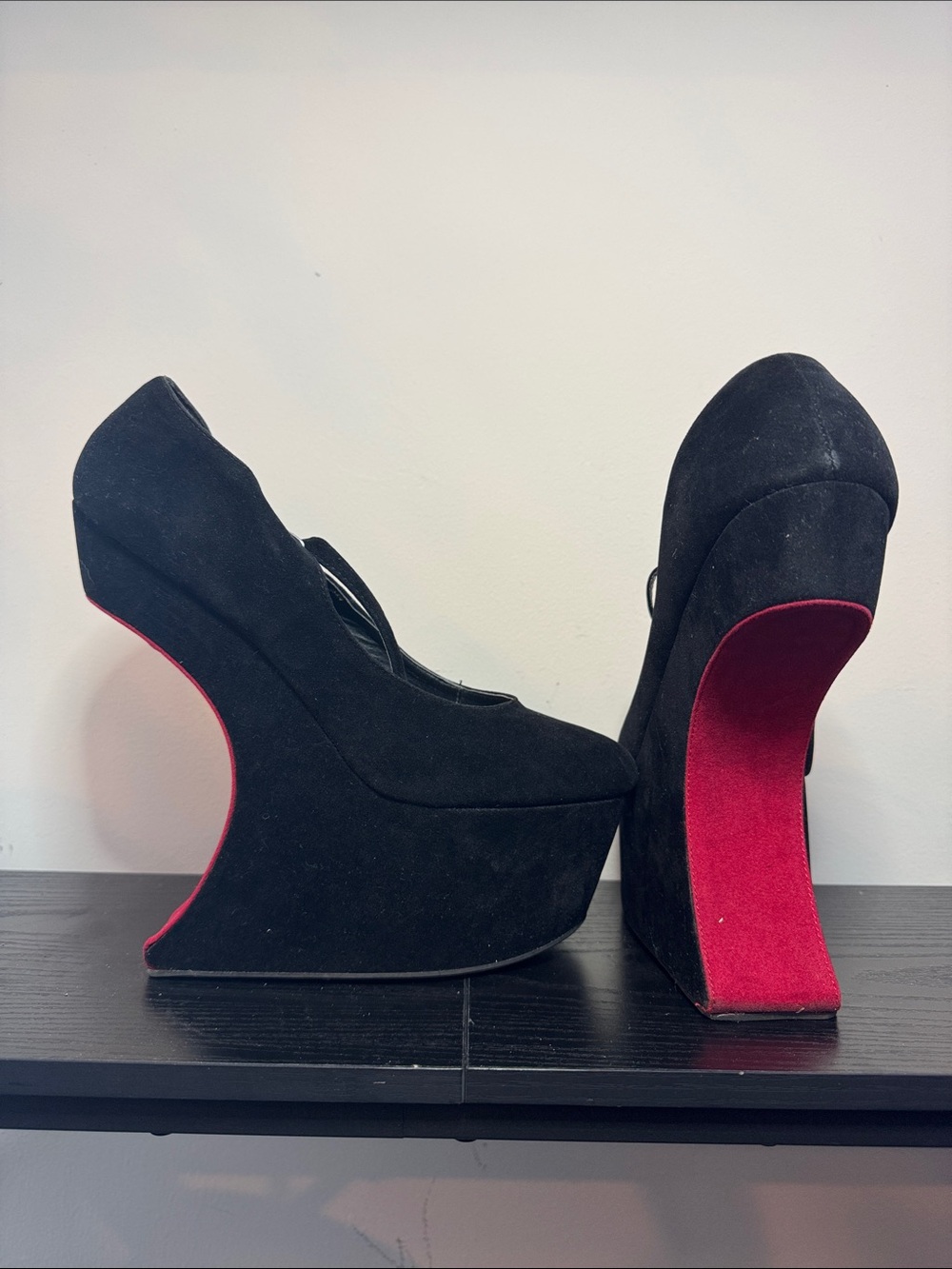 Black Suede Sculptural Platform Pumps with Red Accent